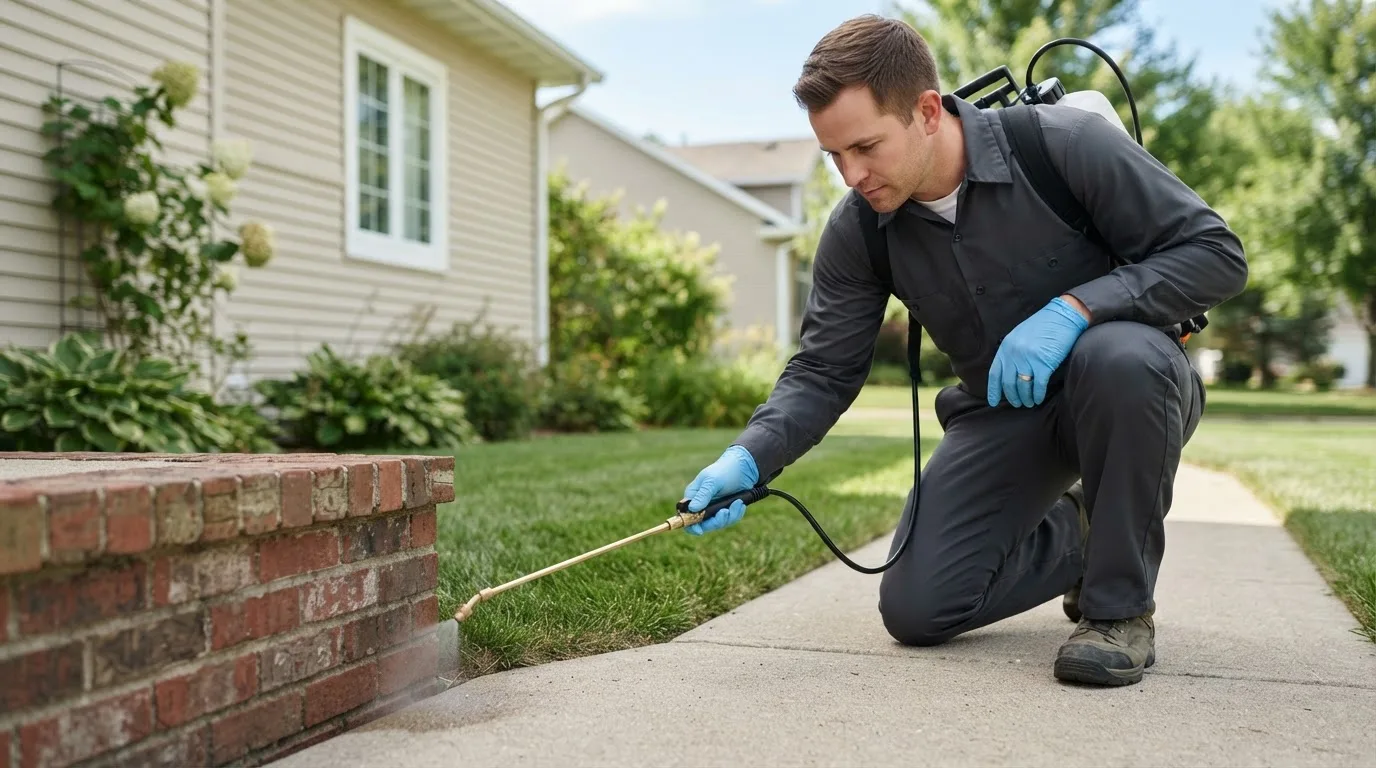 Pest control technician treating a home near Grant, MI