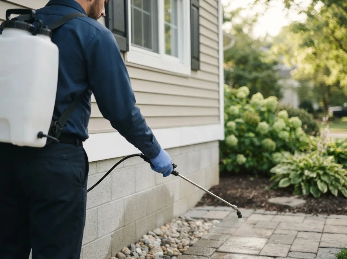 Pest control technician inspecting a home in Grant, MI